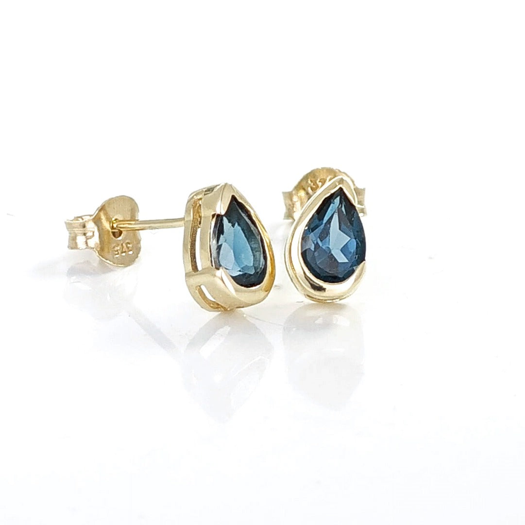 9ct Yellow Gold Earrings London Blue Treated Topaz Studs Handmade