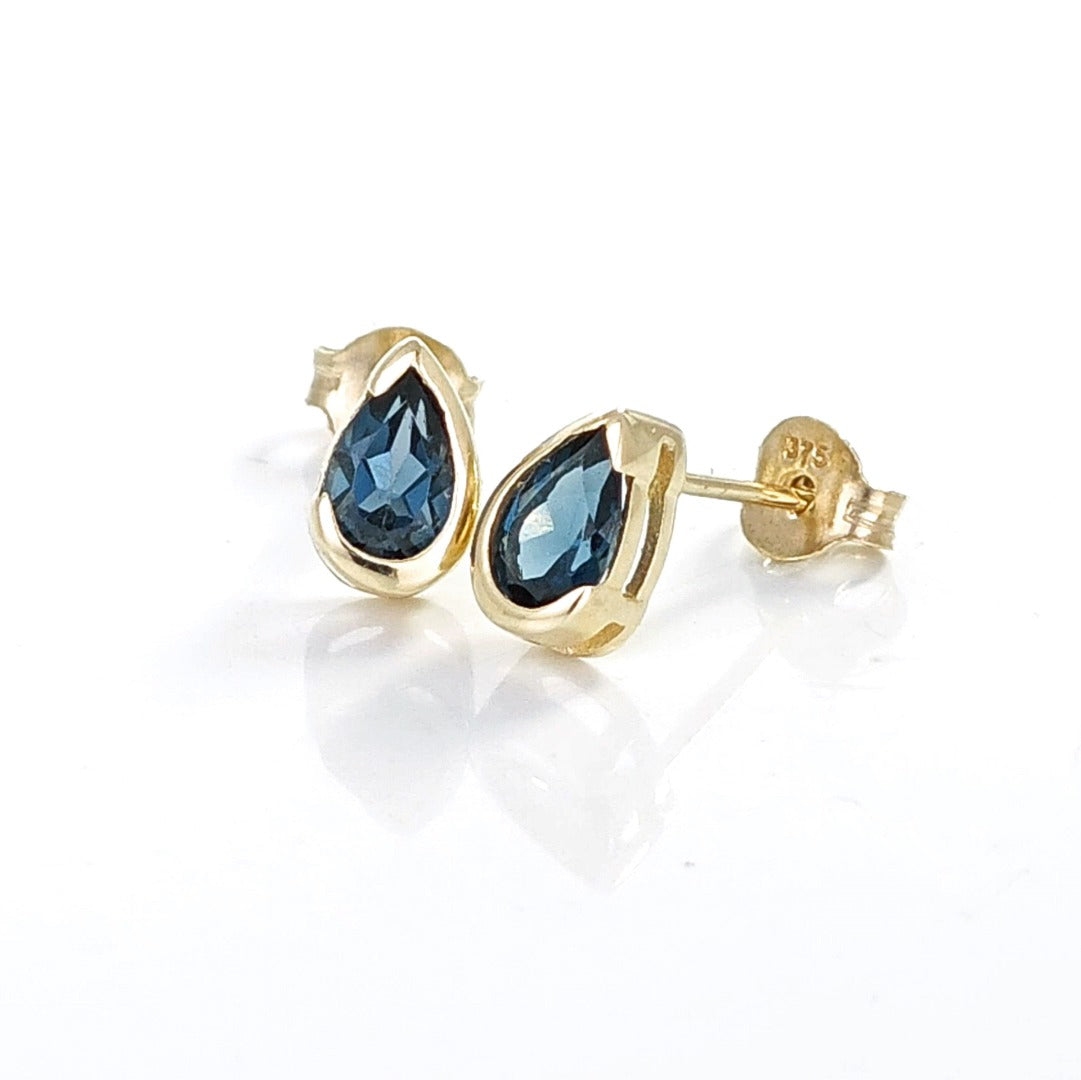 9ct Yellow Gold Earrings London Blue Treated Topaz Studs Handmade