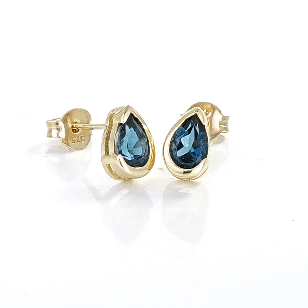 9ct Yellow Gold Earrings London Blue Treated Topaz Studs Handmade