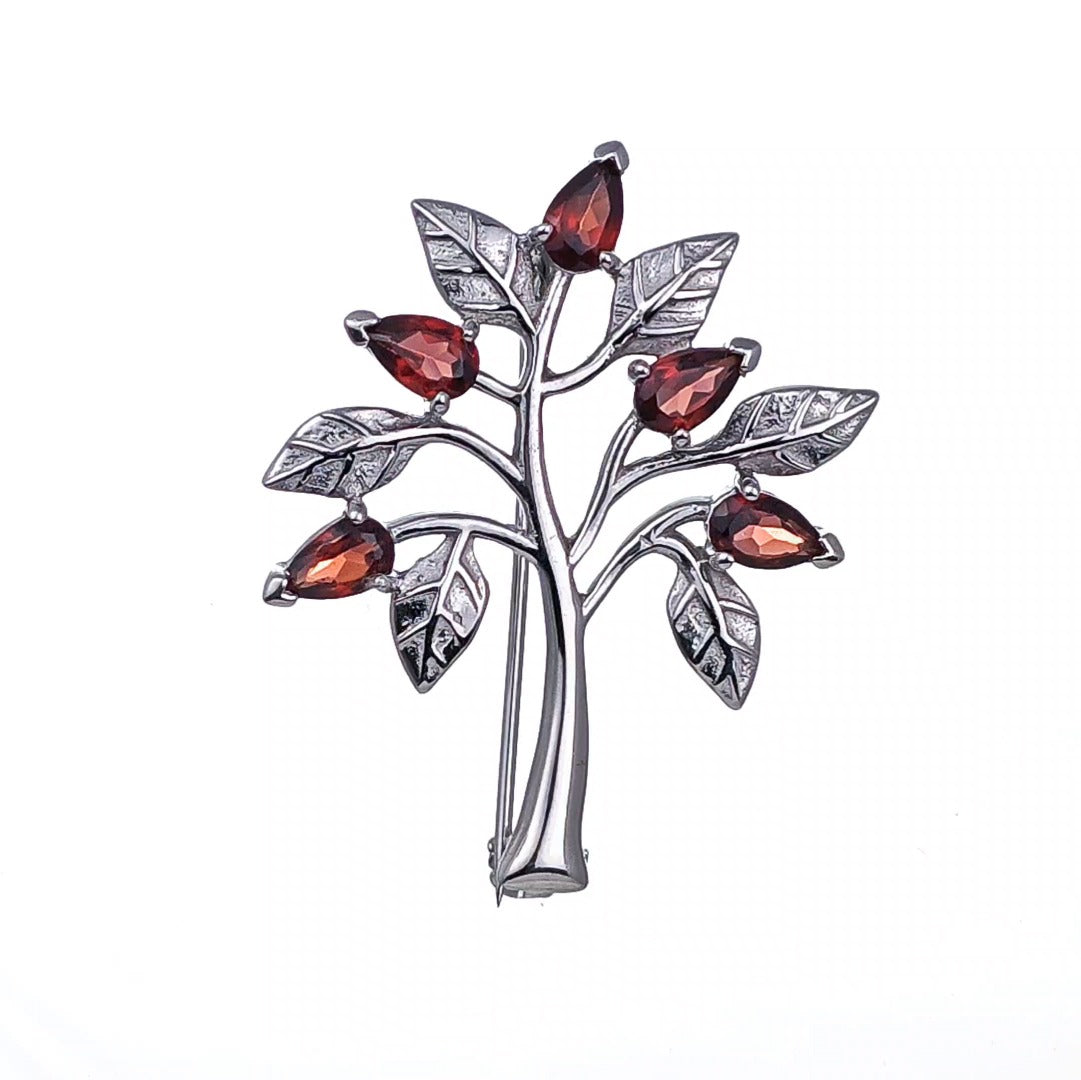 Garnet Brooch Tree of Life Sterling Silver Red Boxed Gift