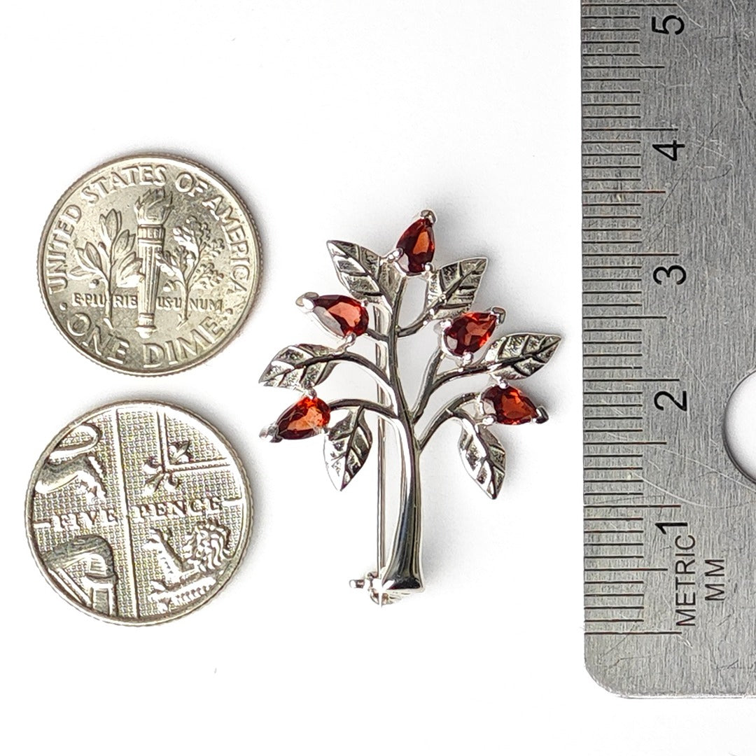 Garnet Brooch Tree of Life Sterling Silver Red Boxed Gift