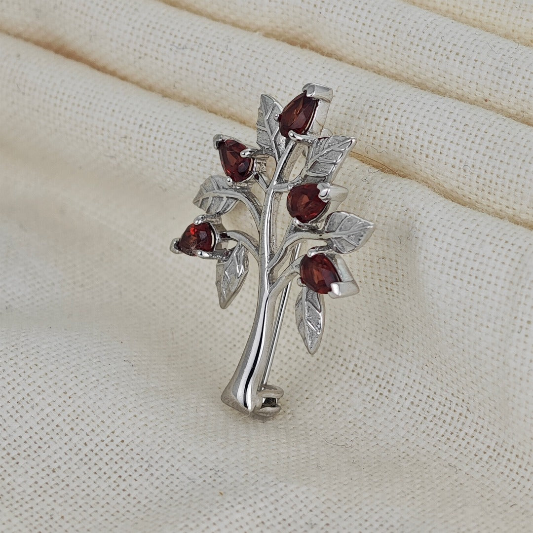 Garnet Brooch Tree of Life Sterling Silver Red Boxed Gift