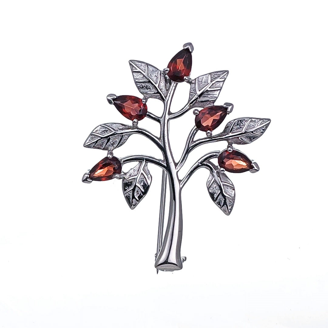 Garnet Brooch Tree of Life Sterling Silver Red Boxed Gift