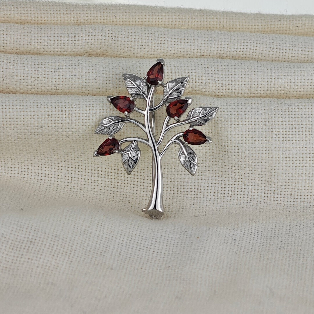 Garnet Brooch Tree of Life Sterling Silver Red Boxed Gift