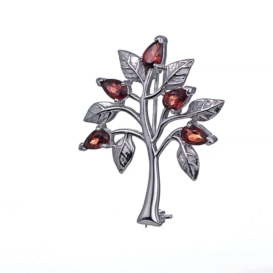 Garnet Brooch Tree of Life Sterling Silver Red Boxed Gift