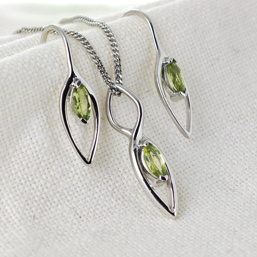 Set Peridot Necklace Dangle Earrings Sterling Silver Marquise