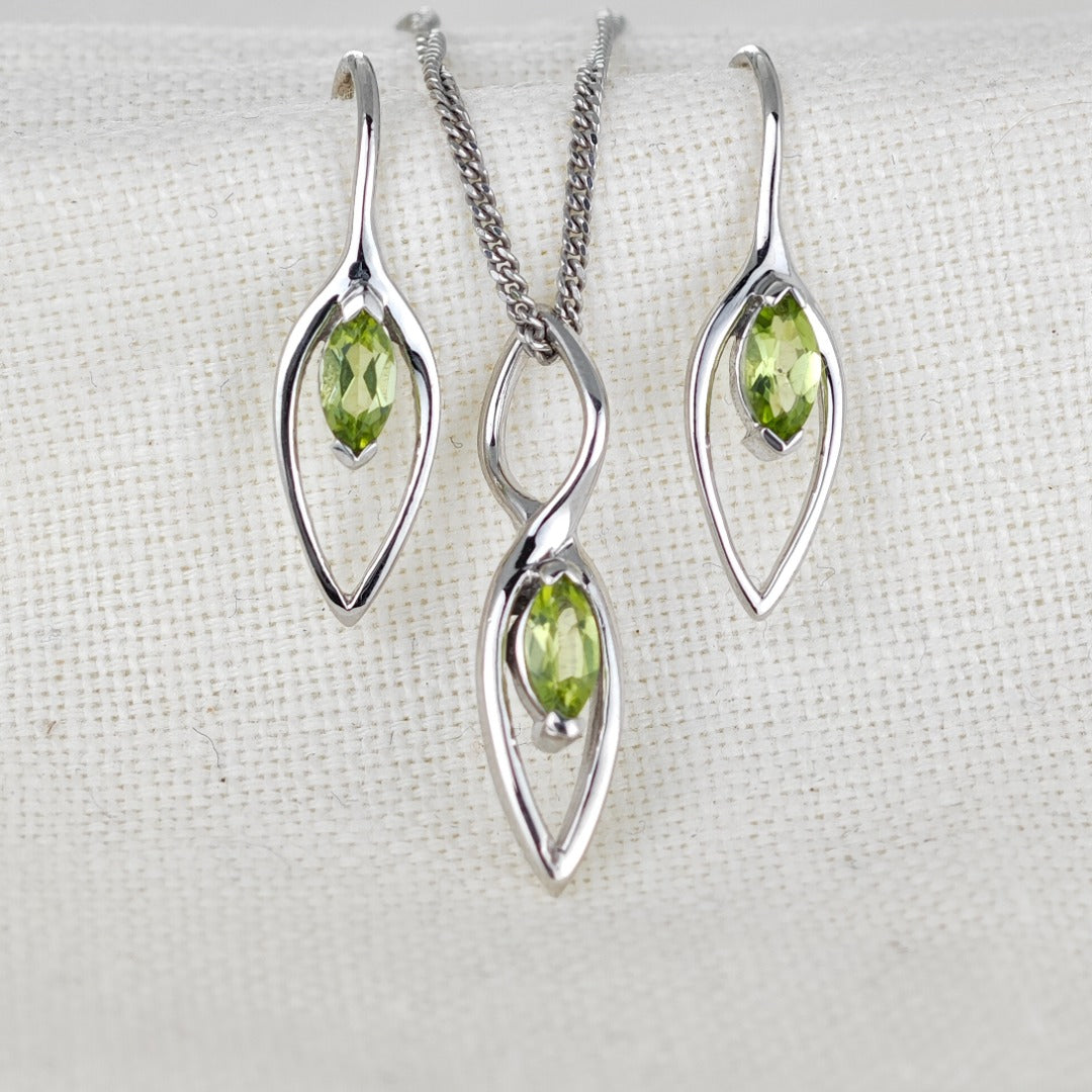 Set Peridot Necklace Dangle Earrings Sterling Silver Marquise