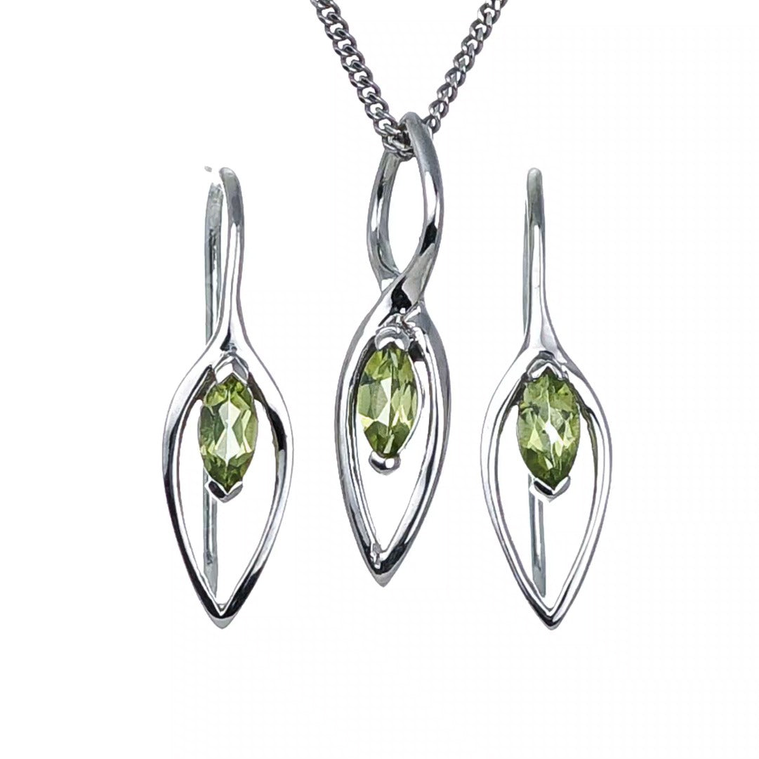 Set Peridot Necklace Dangle Earrings Sterling Silver Marquise