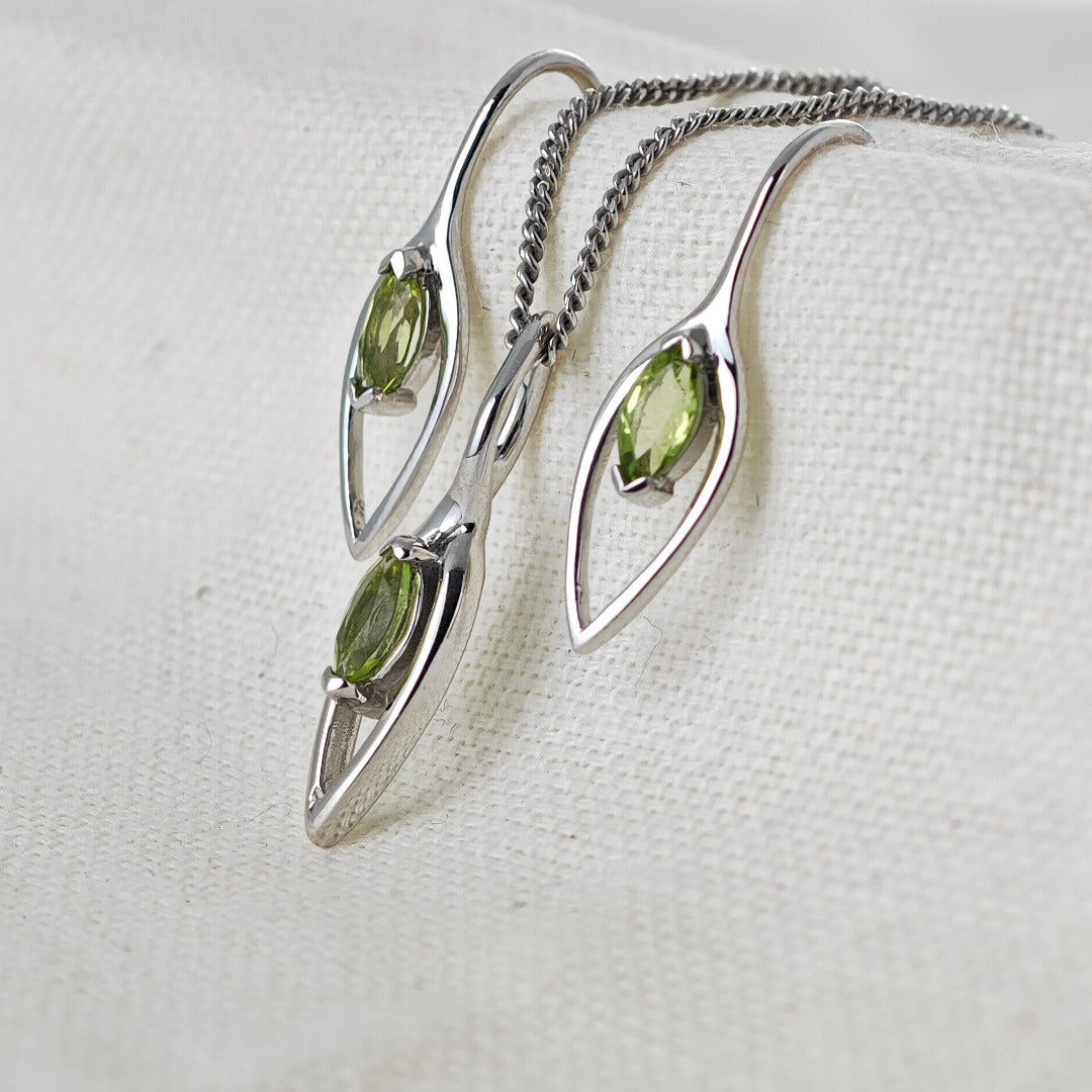 Set Peridot Necklace Dangle Earrings Sterling Silver Marquise