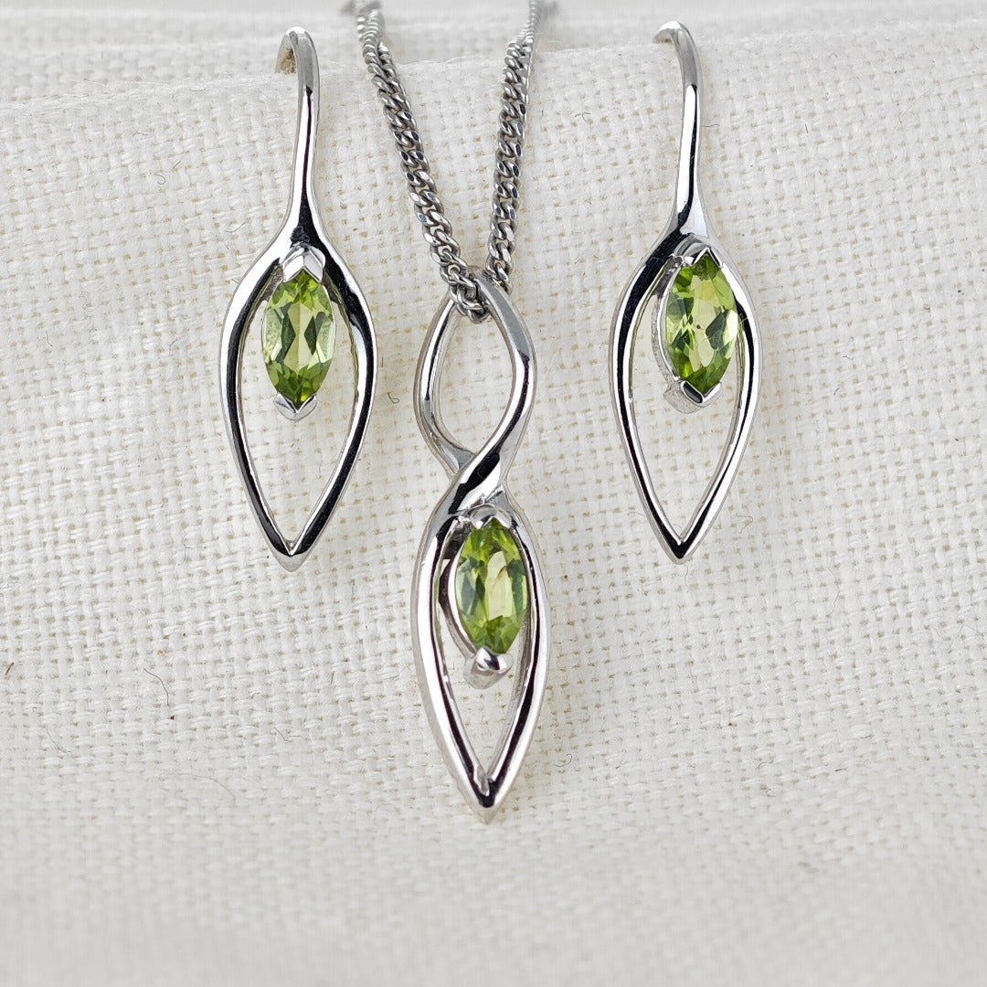 Set Peridot Necklace Dangle Earrings Sterling Silver Marquise