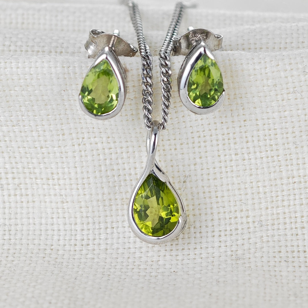 Peridot Pear Earring Pendant Set Sterling Silver