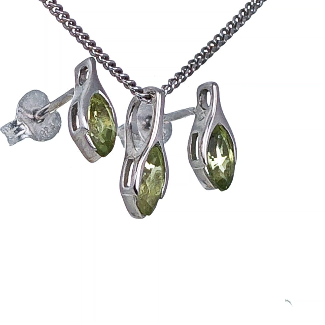 Set Peridot Necklace Earrings SMALL Solitaire Minimalist Marquise