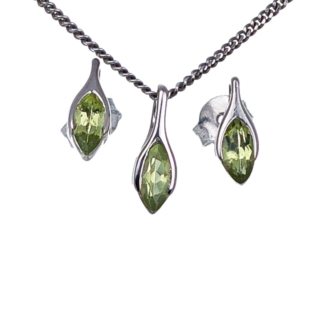 Set Peridot Necklace Earrings SMALL Solitaire Minimalist Marquise