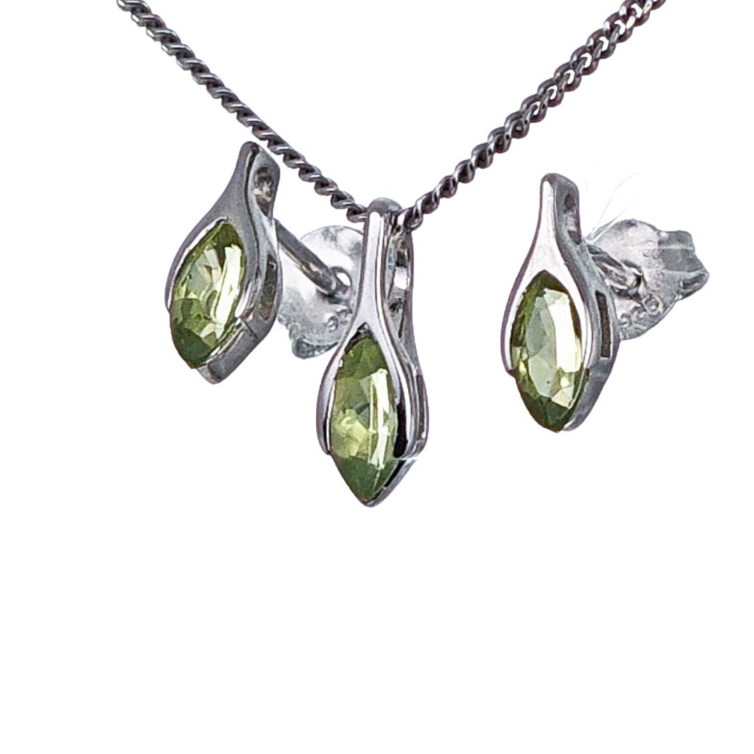 Set Peridot Necklace Earrings SMALL Solitaire Minimalist Marquise