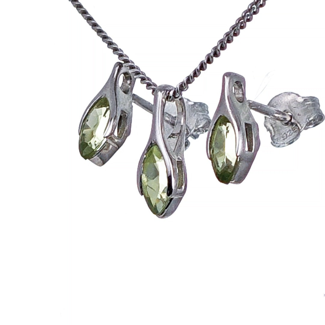 Set Peridot Necklace Earrings SMALL Solitaire Minimalist Marquise