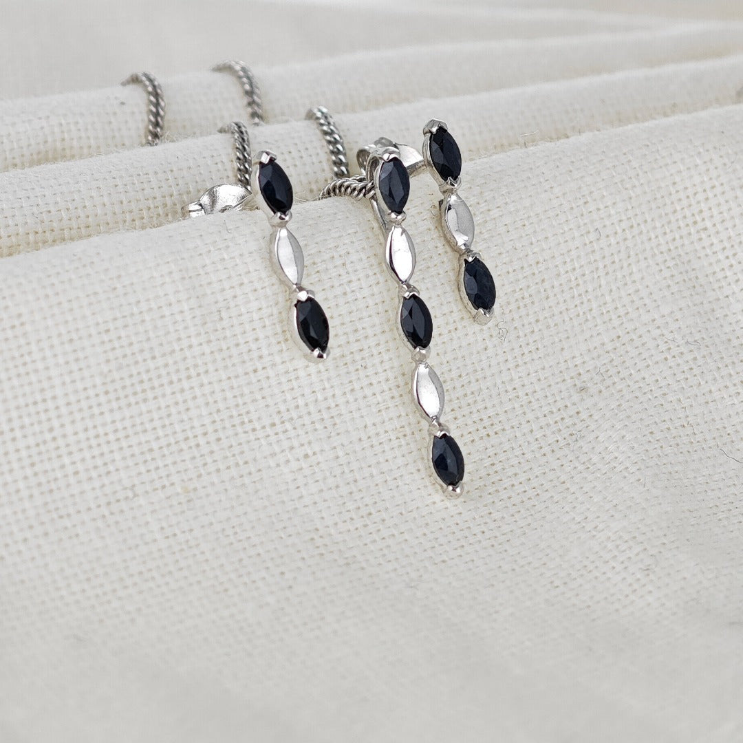 Sapphire Set Pendant Earrings Sterling Silver Marquise Drop