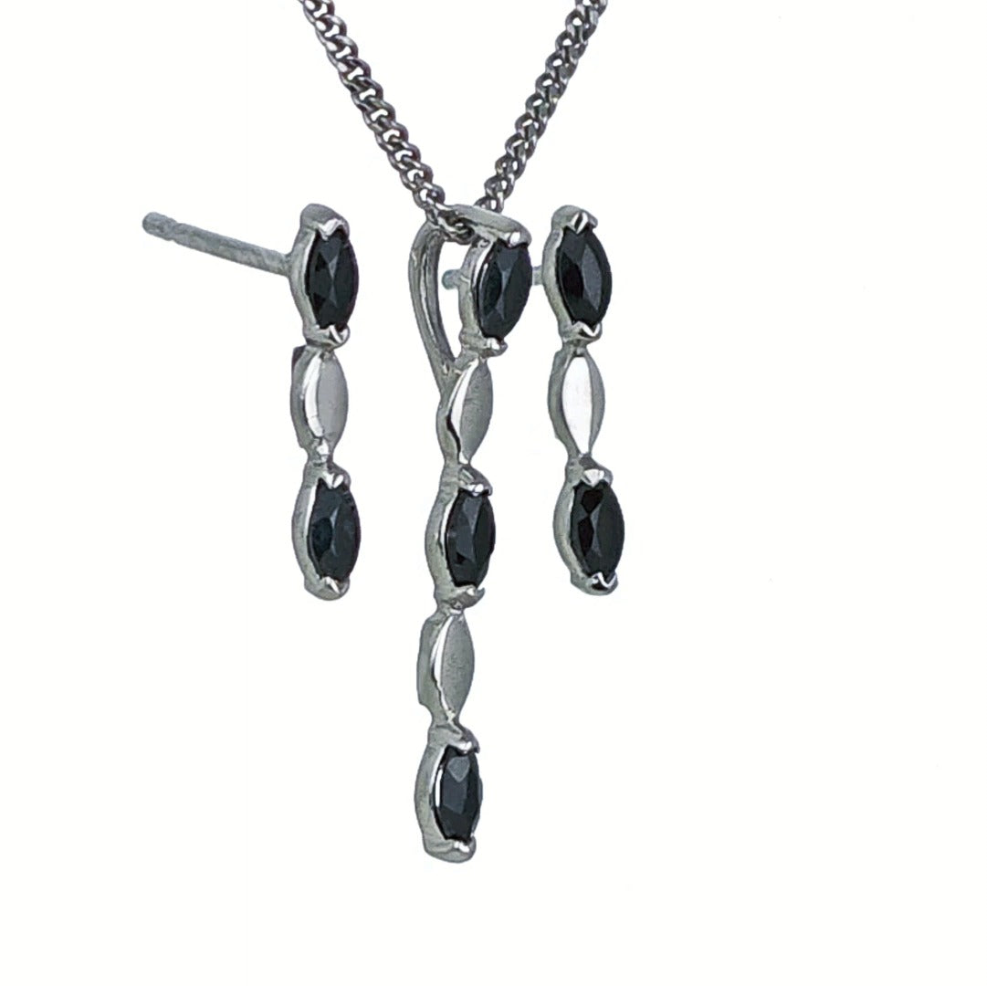 Sapphire Set Pendant Earrings Sterling Silver Marquise Drop