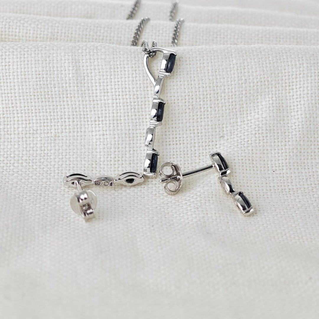 Sapphire Set Pendant Earrings Sterling Silver Marquise Drop