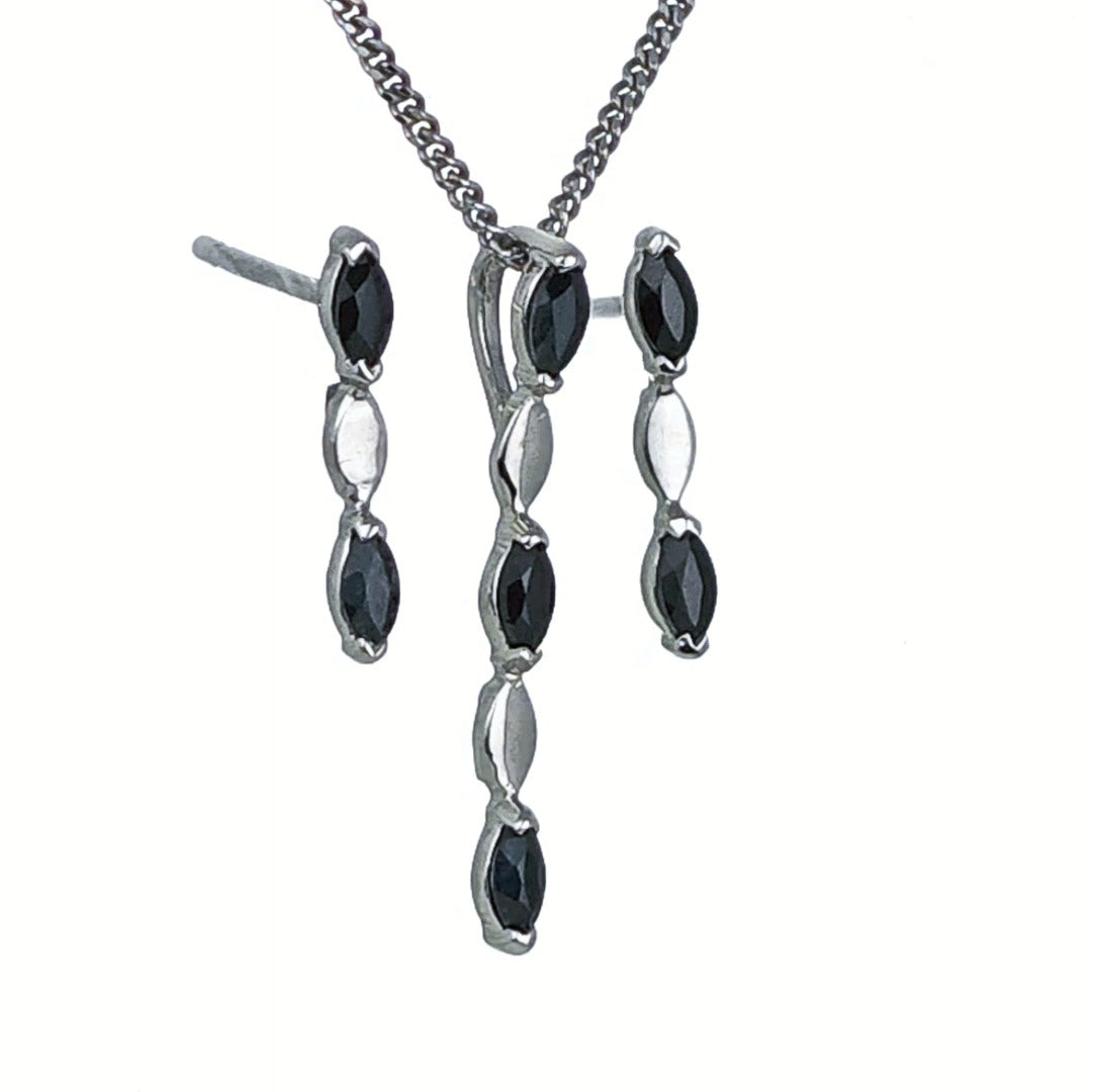 Sapphire Set Pendant Earrings Sterling Silver Marquise Drop