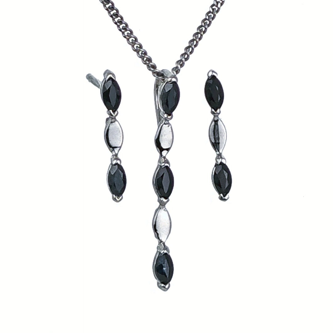 Sapphire Set Pendant Earrings Sterling Silver Marquise Drop