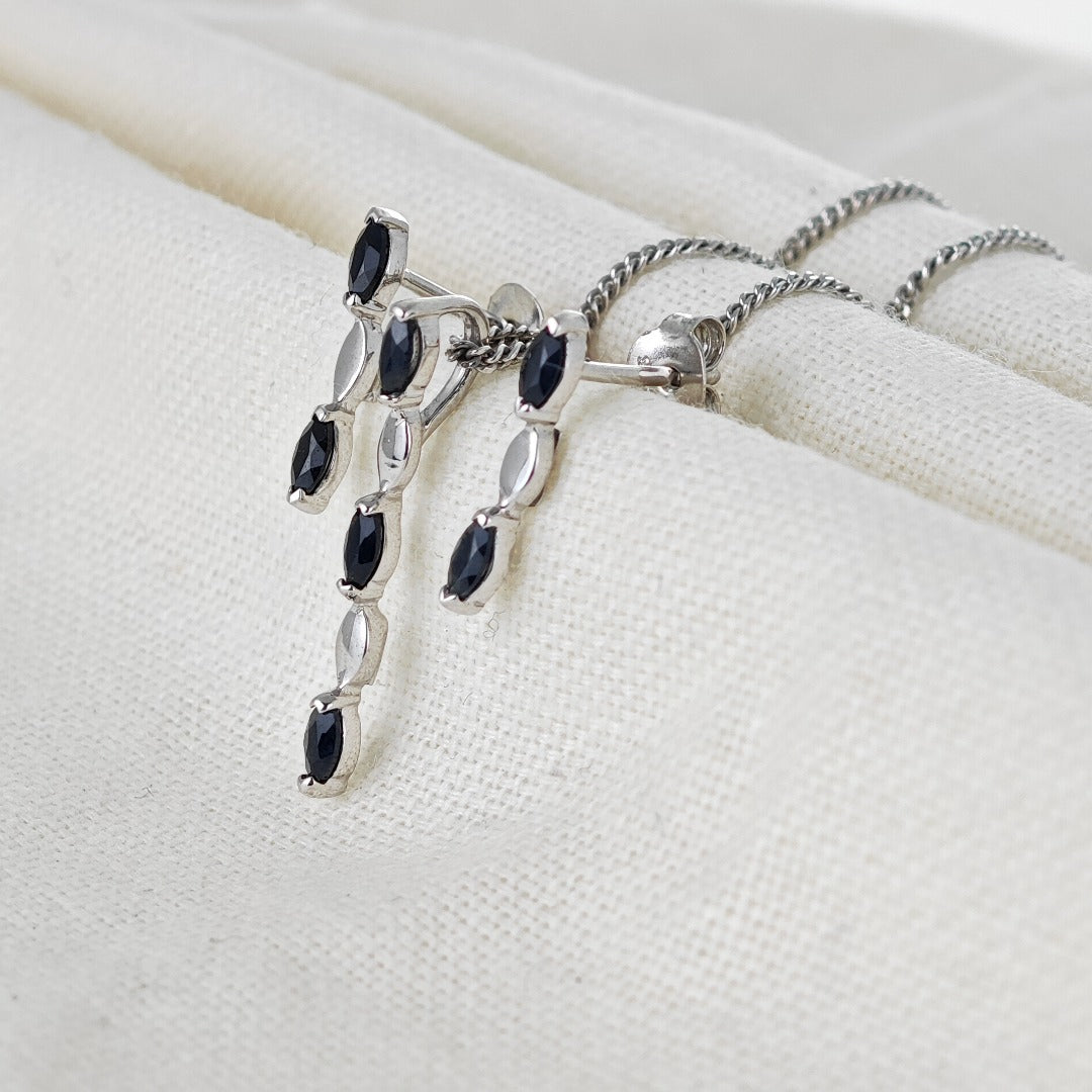 Sapphire Set Pendant Earrings Sterling Silver Marquise Drop