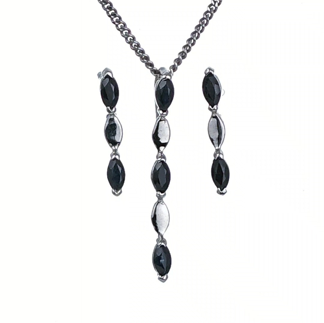 Sapphire Set Pendant Earrings Sterling Silver Marquise Drop