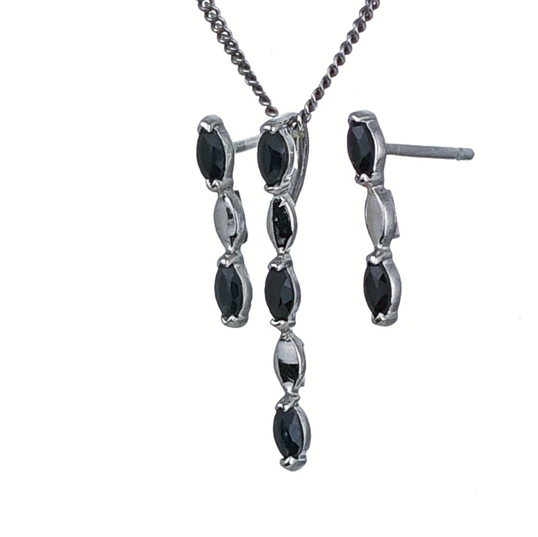 Sapphire Set Pendant Earrings Sterling Silver Marquise Drop