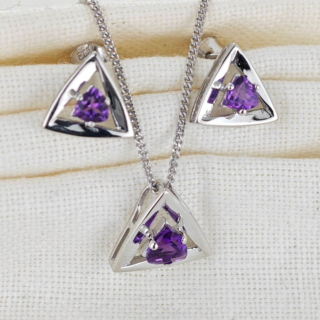 Amethyst Set Necklace Earrings Sterling Silver Studs Trillion