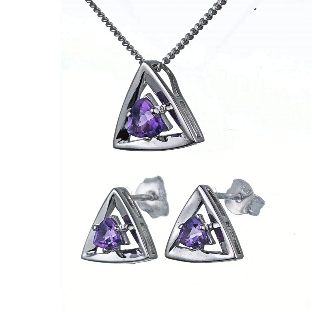 Amethyst Set Necklace Earrings Sterling Silver Studs Trillion