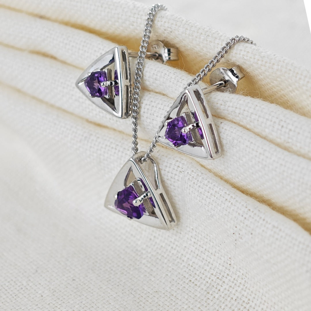 Amethyst Set Necklace Earrings Sterling Silver Studs Trillion