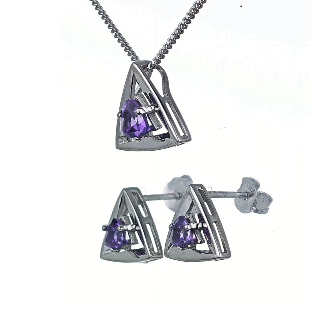 Amethyst Set Necklace Earrings Sterling Silver Studs Trillion