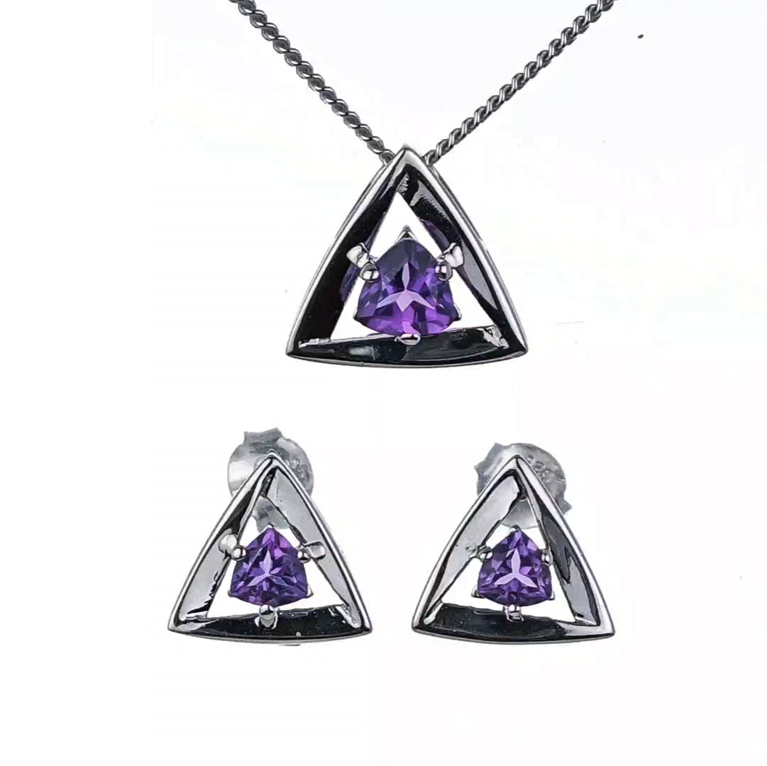 Amethyst Set Necklace Earrings Sterling Silver Studs Trillion