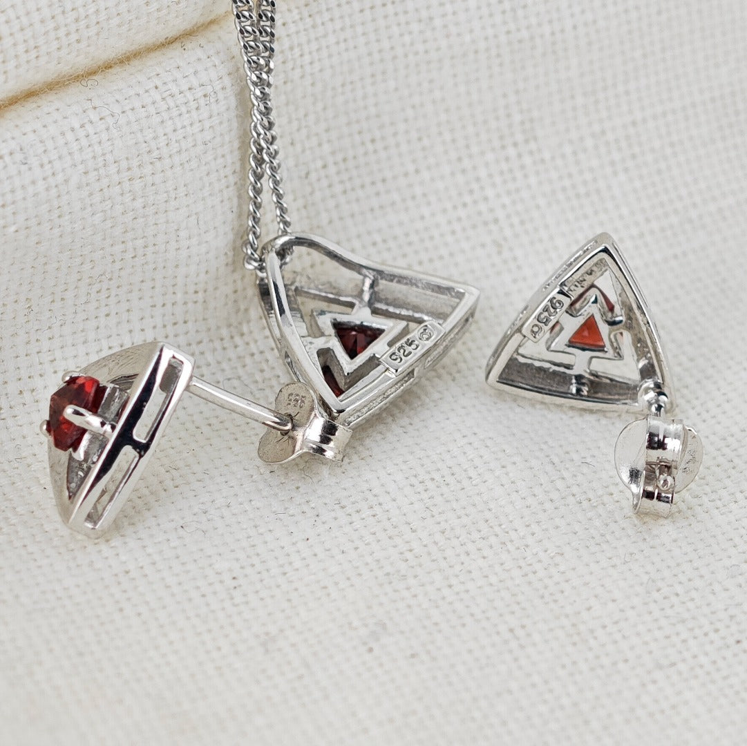 Garnet Trillion Set Necklace Stud Earrings