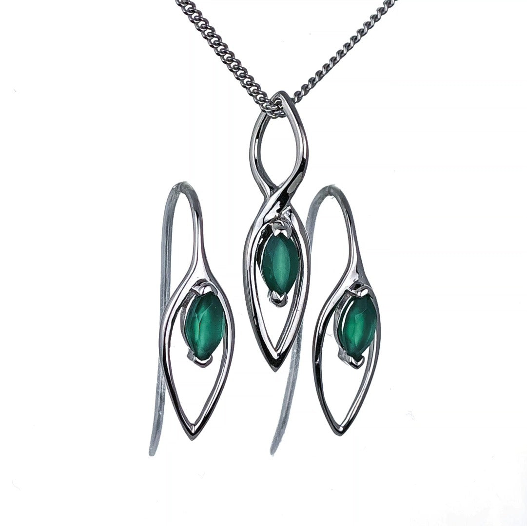 Onyx Green Set Earrings Pendant Sterling Silver Marquise Dangle