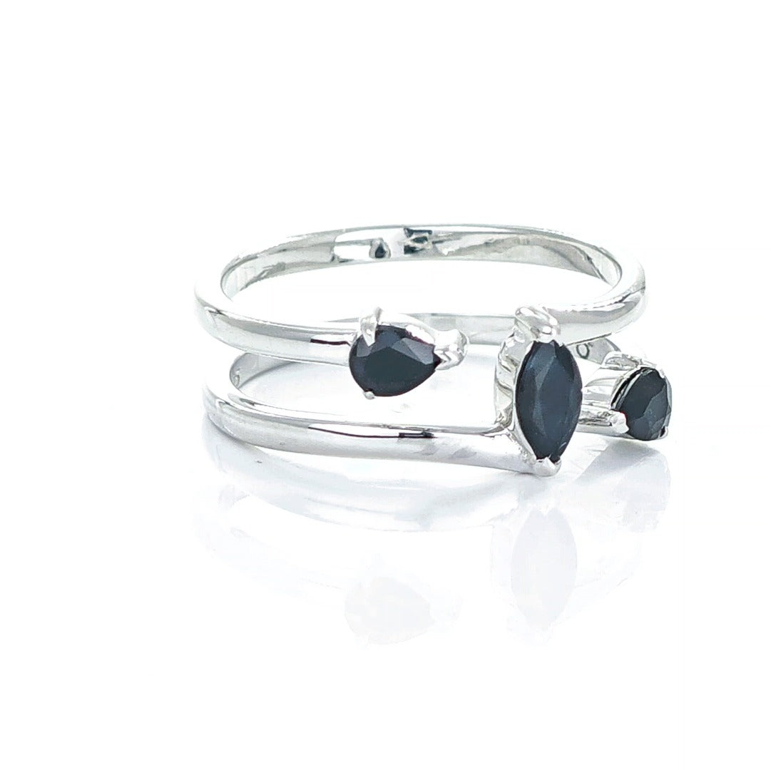 Sapphire Ring Sterling Silver Adjustable Marquise Trilogy