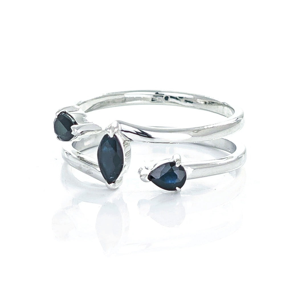 Sapphire Ring Sterling Silver Adjustable Marquise Trilogy