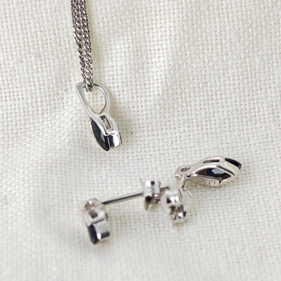 Sapphire Set Earrings Pendant Sterling Silver SMALL Solitaire Minimalist Marquise