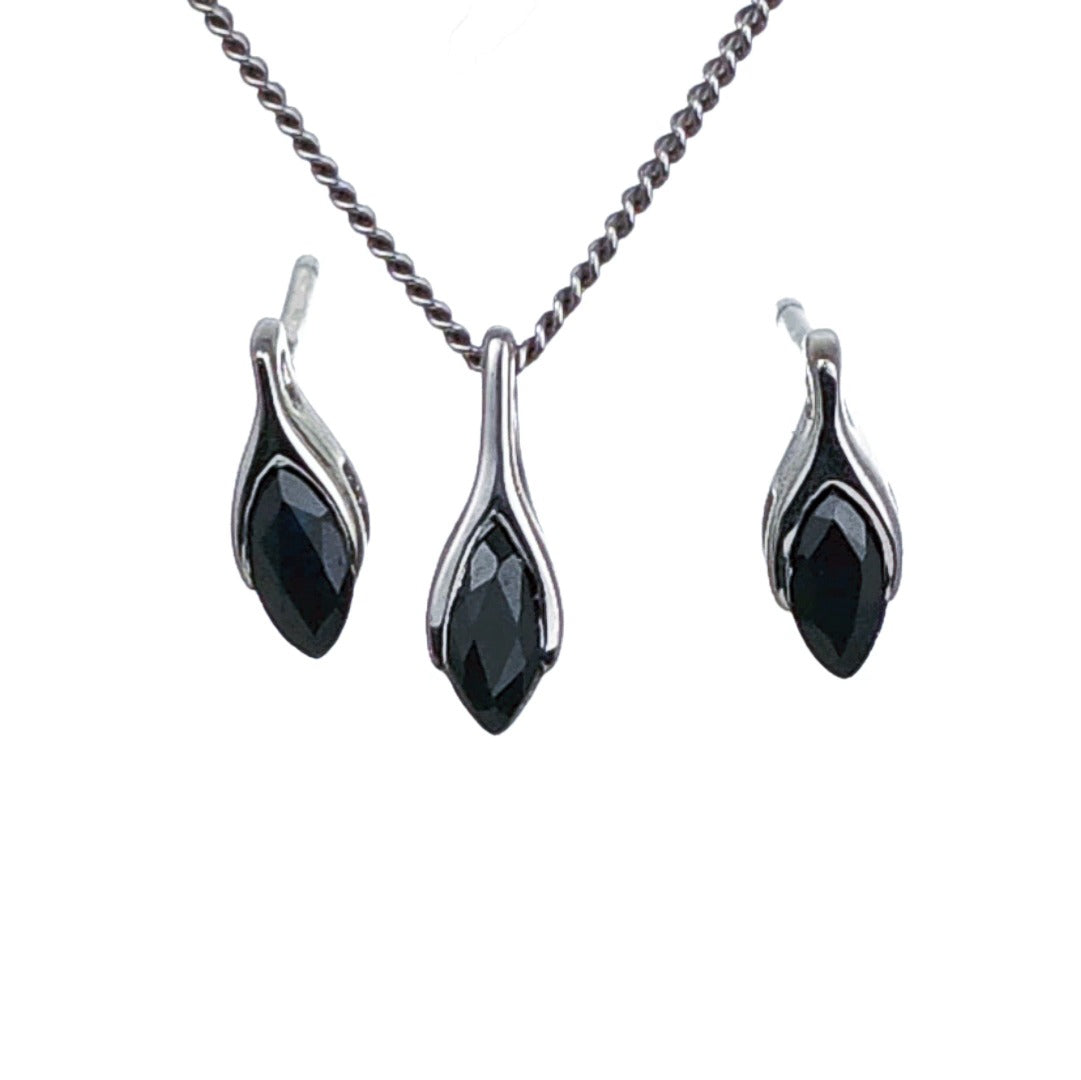 Sapphire Set Earrings Pendant Sterling Silver SMALL Solitaire Minimalist Marquise
