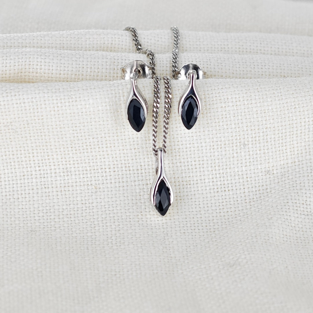 Sapphire Set Earrings Pendant Sterling Silver SMALL Solitaire Minimalist Marquise