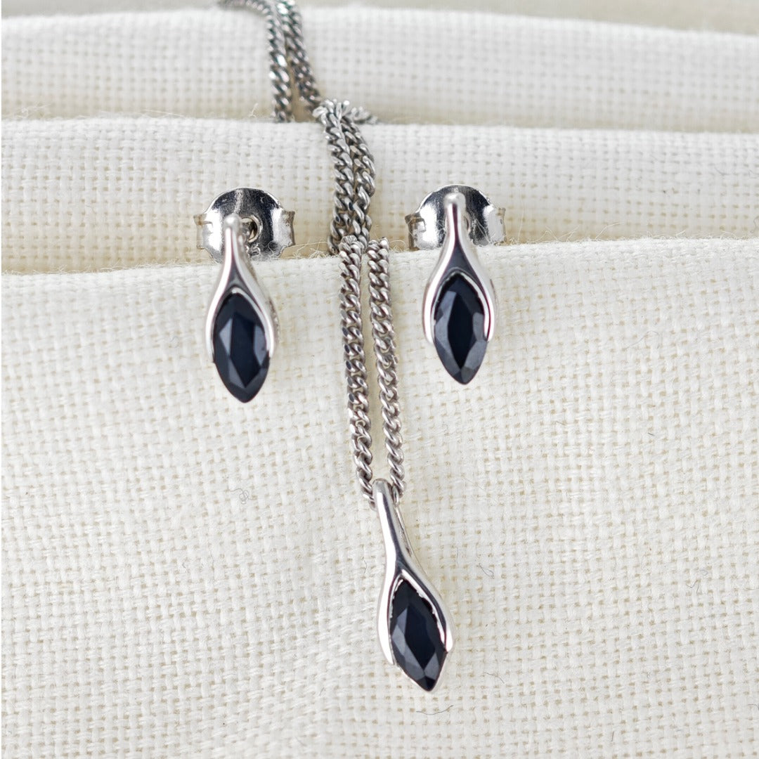 Sapphire Set Earrings Pendant Sterling Silver SMALL Solitaire Minimalist Marquise