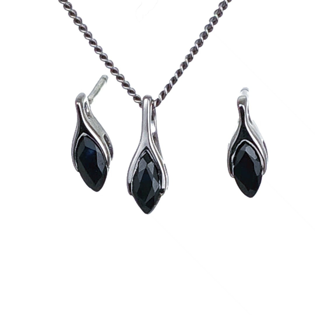 Sapphire Set Earrings Pendant Sterling Silver SMALL Solitaire Minimalist Marquise