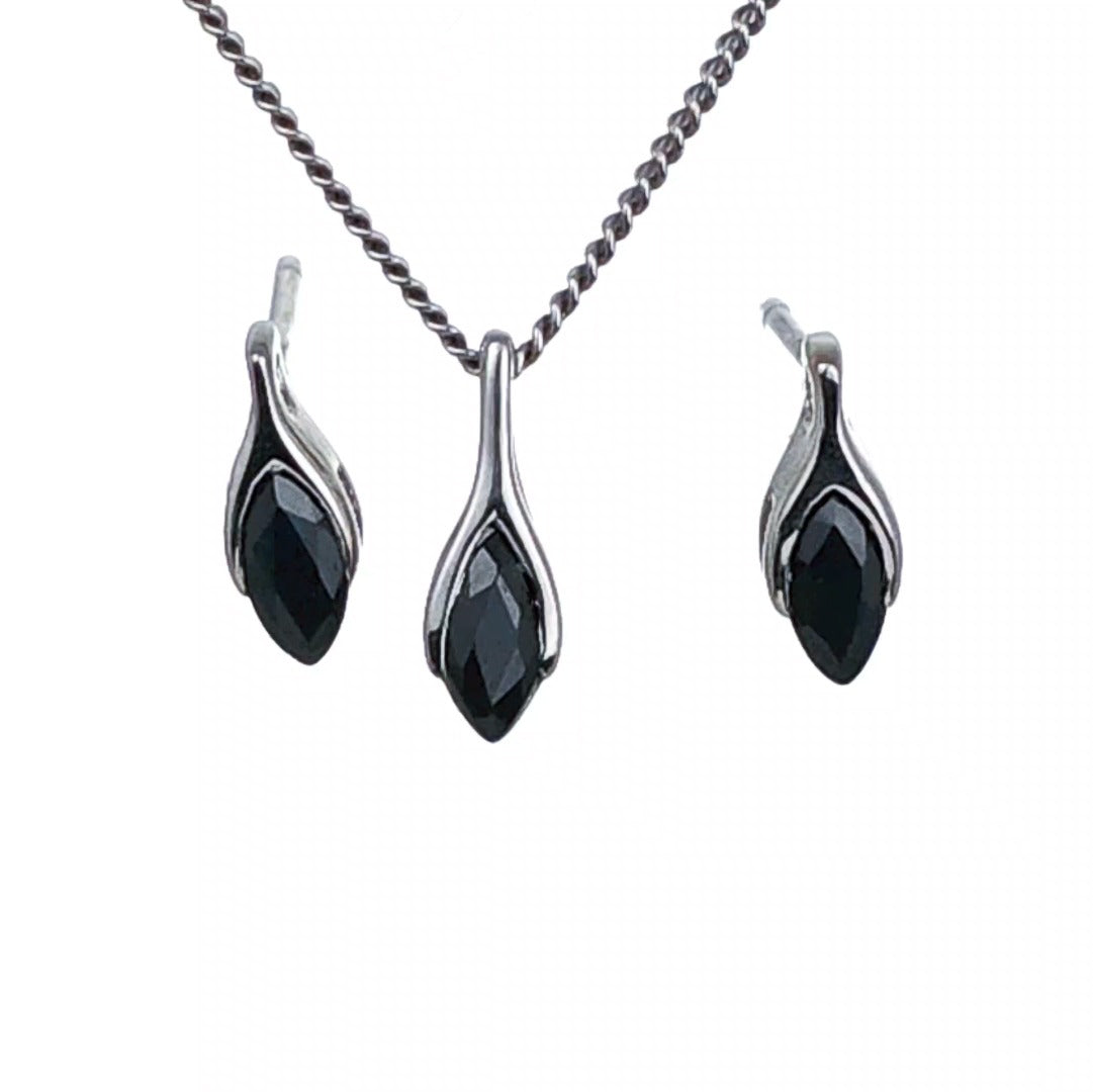 Sapphire Set Earrings Pendant Sterling Silver SMALL Solitaire Minimalist Marquise