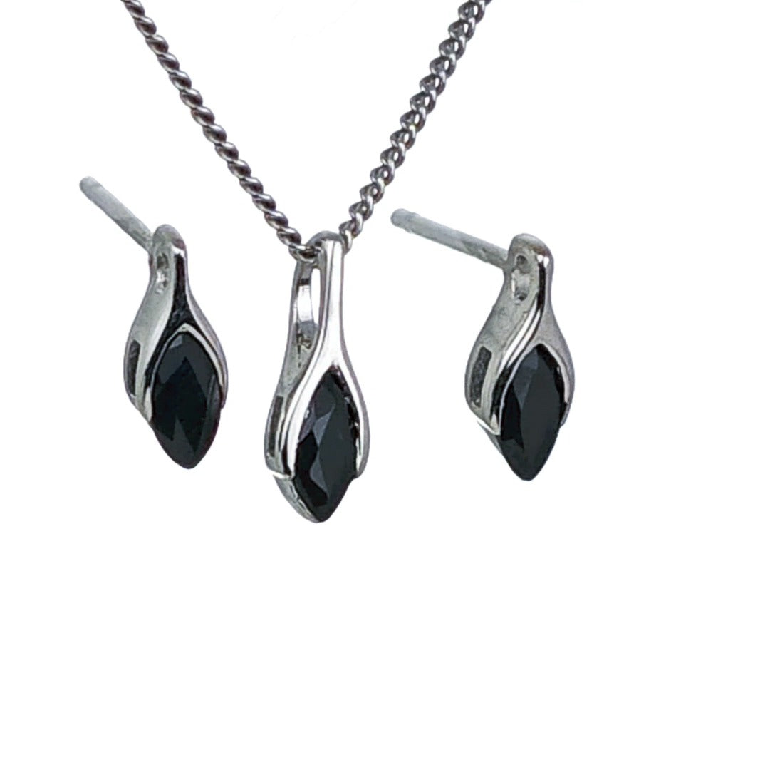 Sapphire Set Earrings Pendant Sterling Silver SMALL Solitaire Minimalist Marquise
