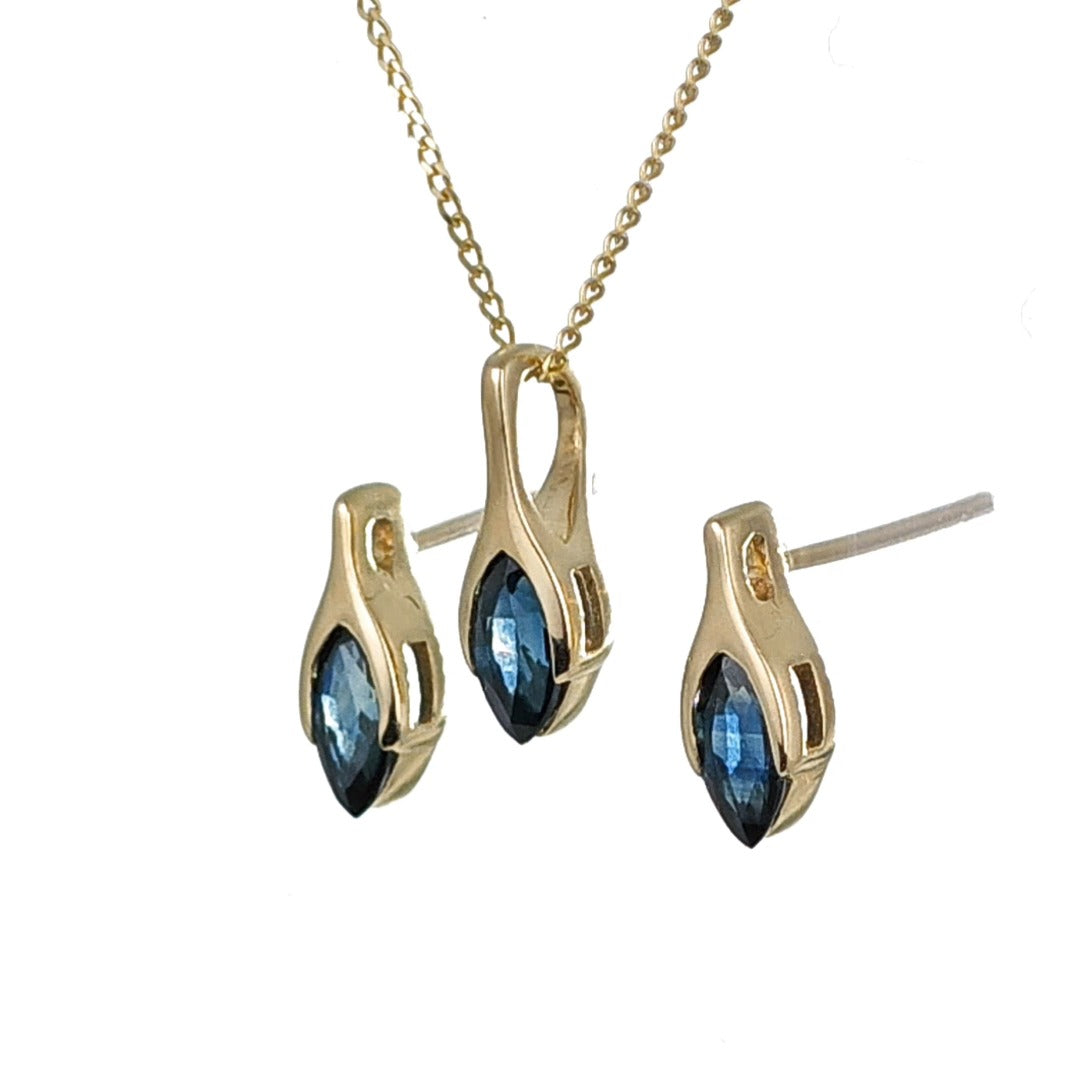 9ct Blue Sapphire Set Pendant Stud Earrings Yellow Gold Minimalist Marquise