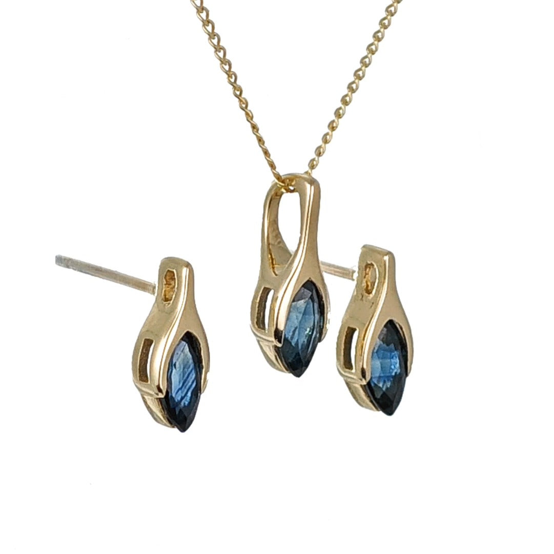 9ct Blue Sapphire Set Pendant Stud Earrings Yellow Gold Minimalist Marquise
