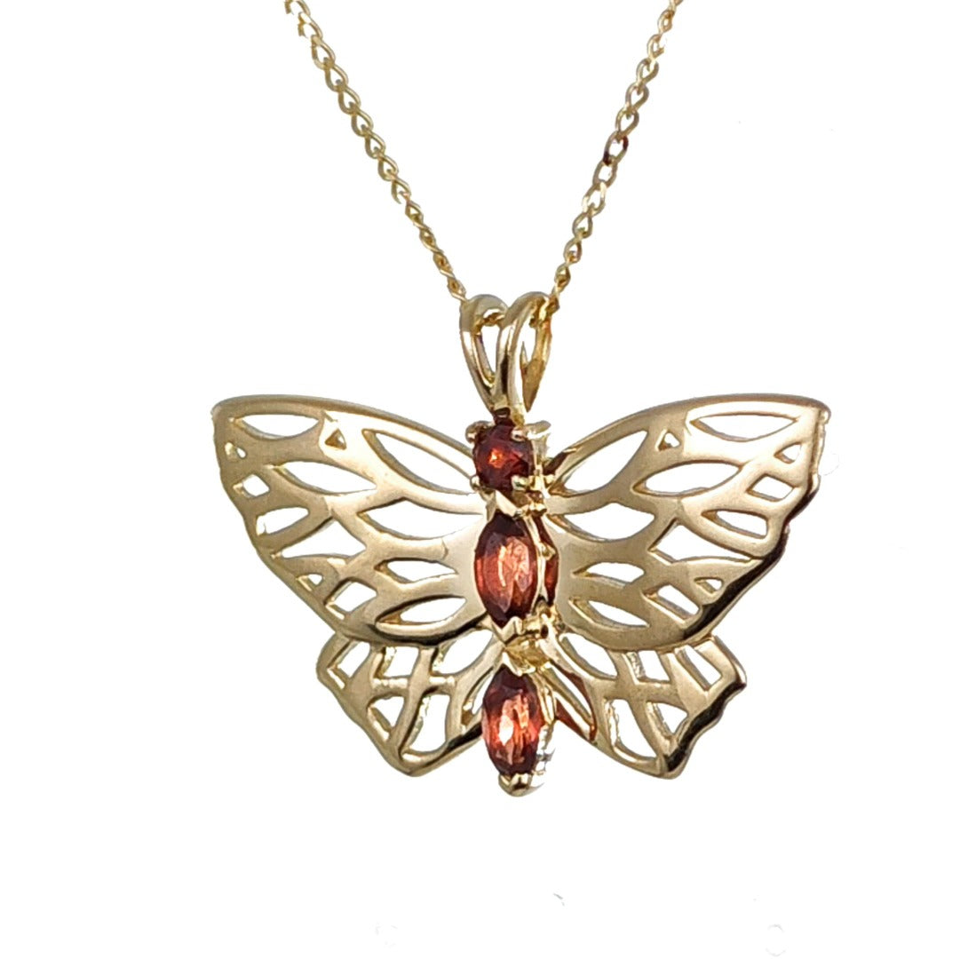 9ct Gold Garnet Butterfly Necklace Red Hallmarked UK Design Handmade