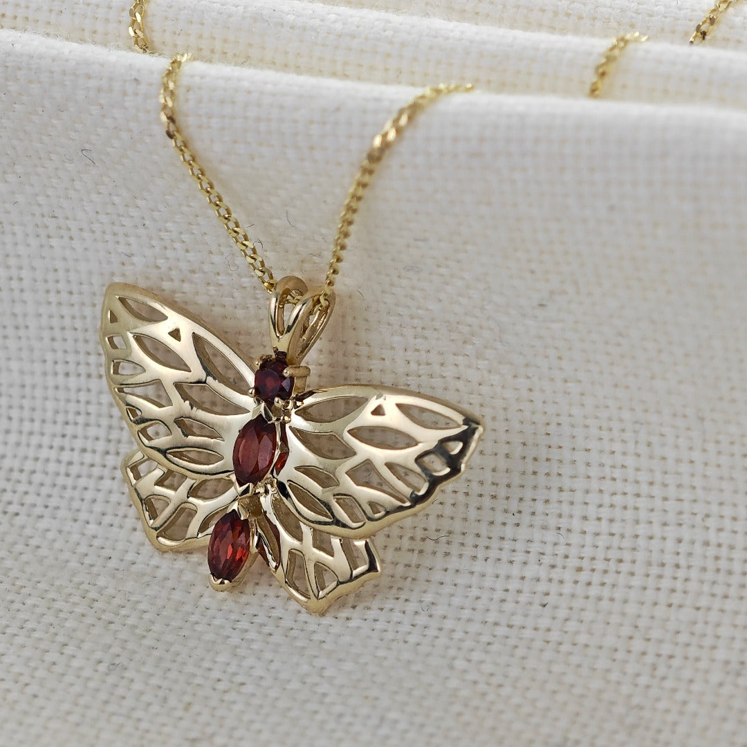 9ct Gold Garnet Butterfly Necklace Red Hallmarked UK Design Handmade
