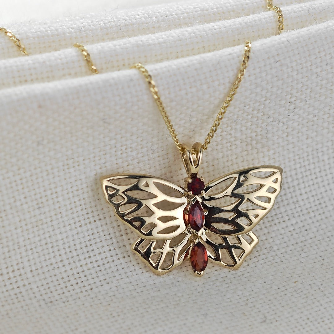 9ct Gold Garnet Butterfly Necklace Red Hallmarked UK Design Handmade