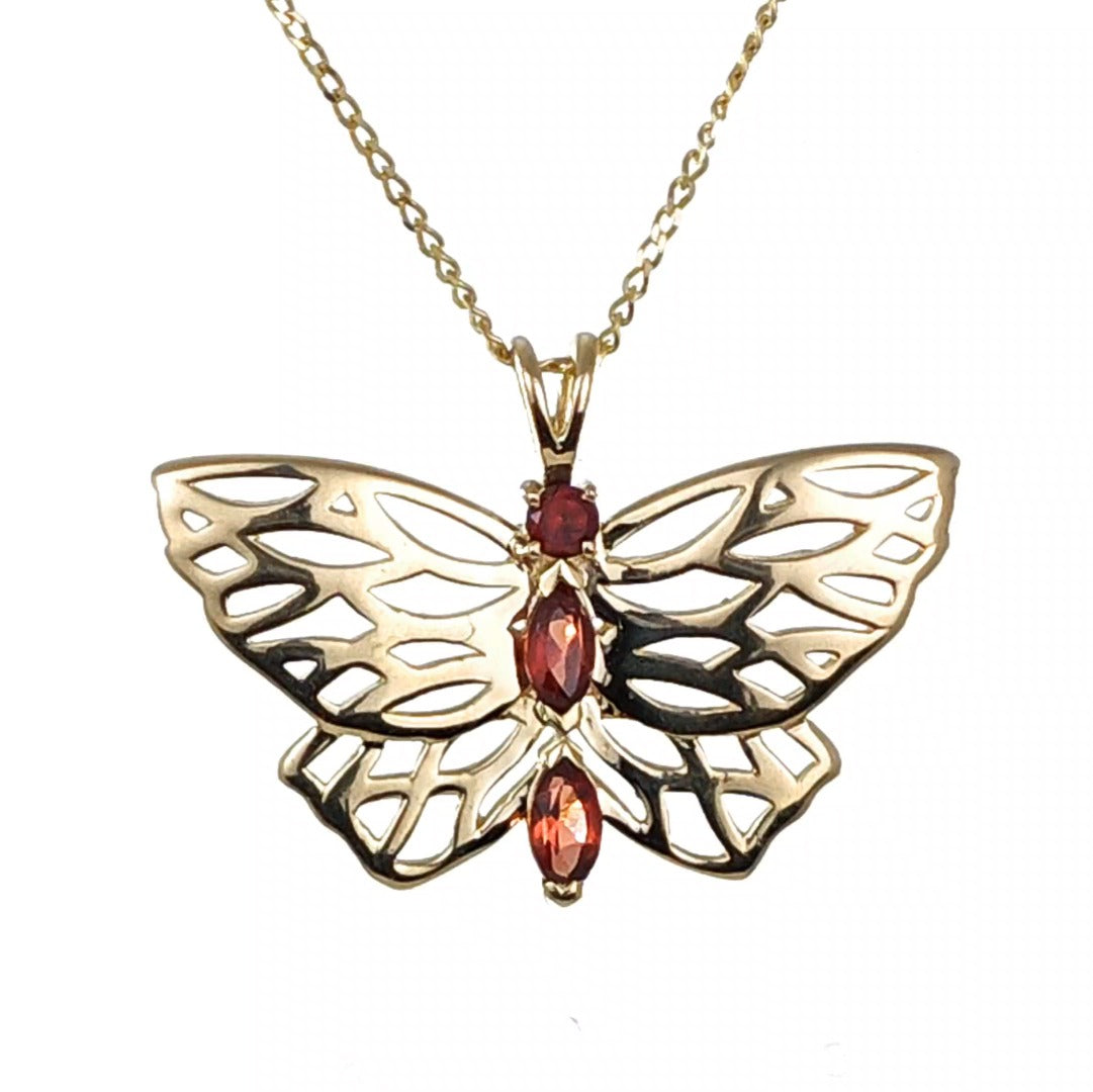 9ct Gold Garnet Butterfly Necklace Red Hallmarked UK Design Handmade