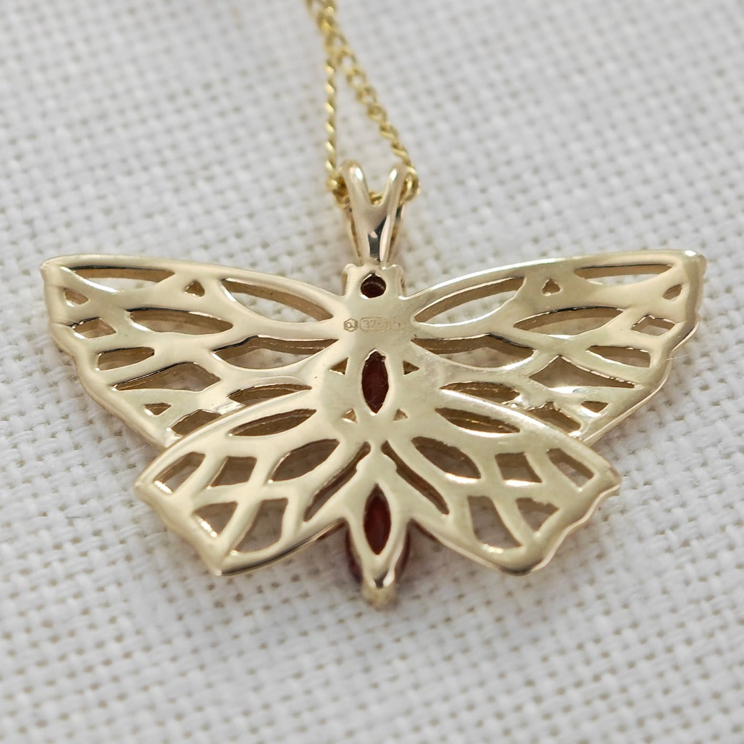9ct Gold Garnet Butterfly Necklace Red Hallmarked UK Design Handmade